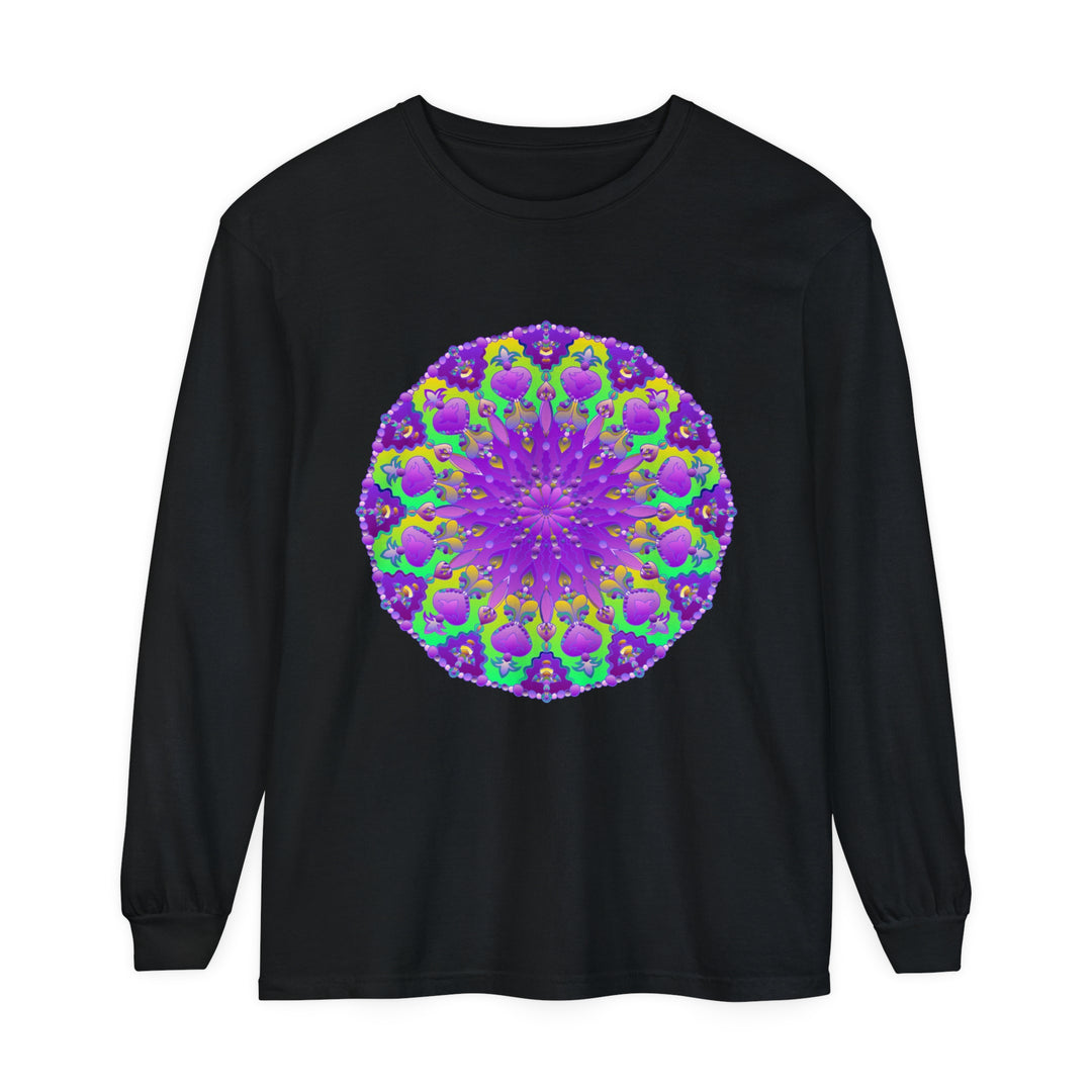 Vibrant purple and green long sleeve T-shirt with intricate mandala design