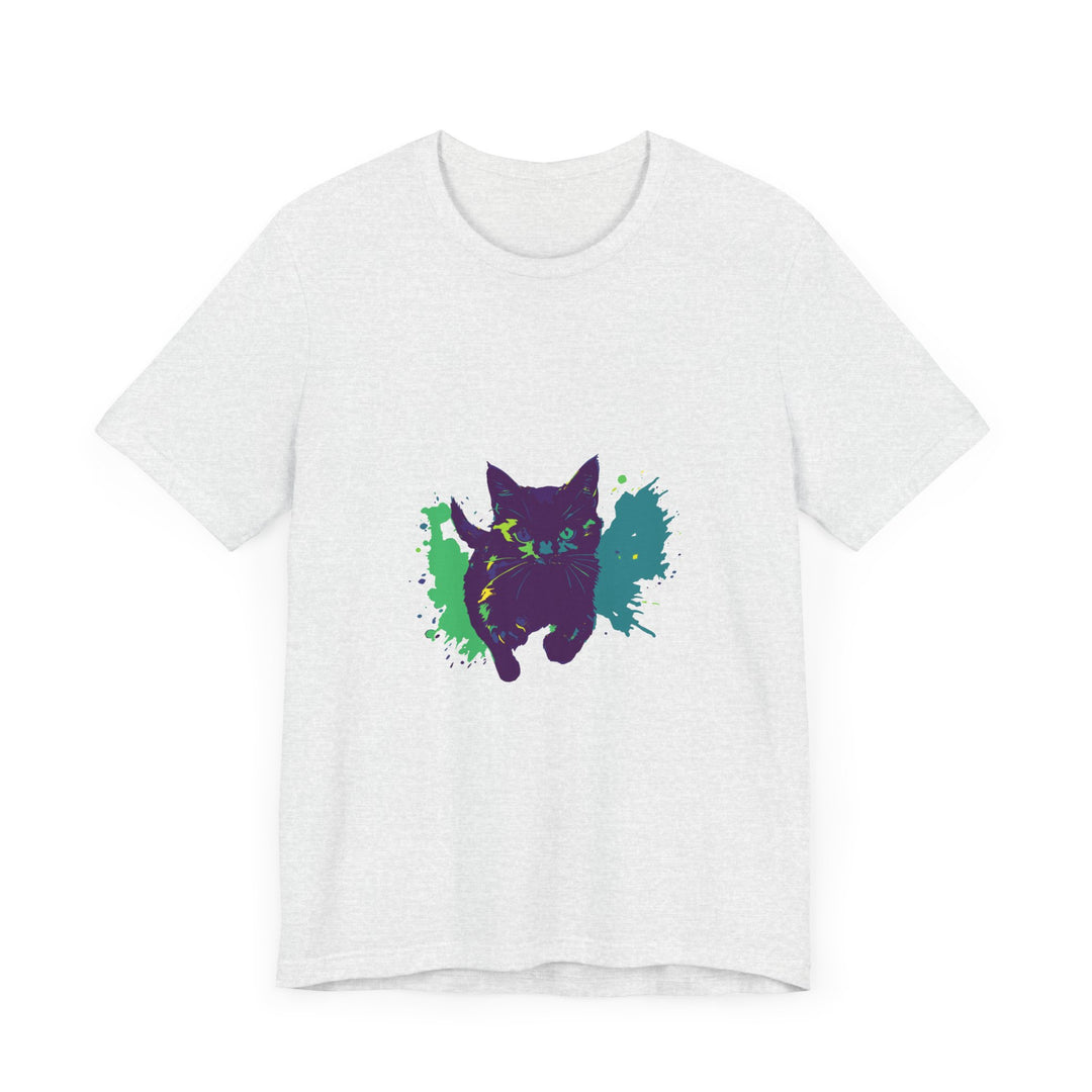 A vibrant and eye-catching Black Cat Mystery Colorful Splash T-Shirt