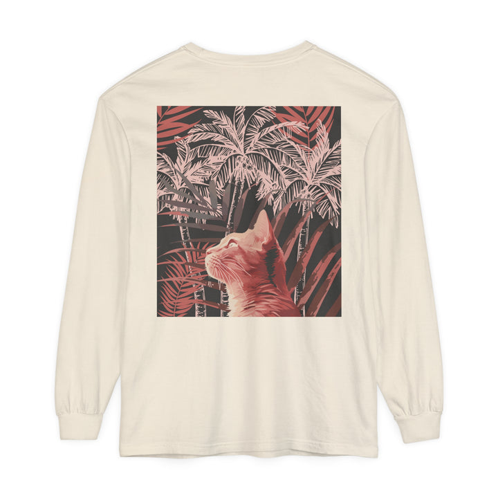 White t-shirt with a cute ginger cat and palm tree graphic design