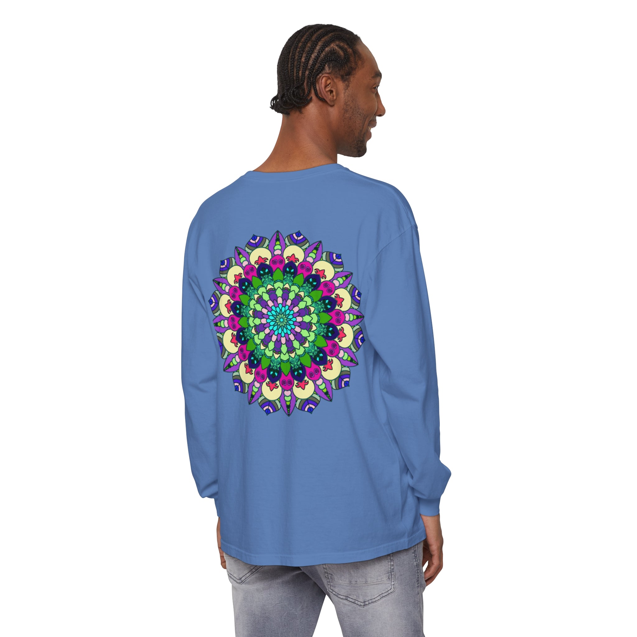 Colorful and intricate mandala design long sleeve t-shirt, suitable for both men and women, featuring vibrant colors and detailed patterns