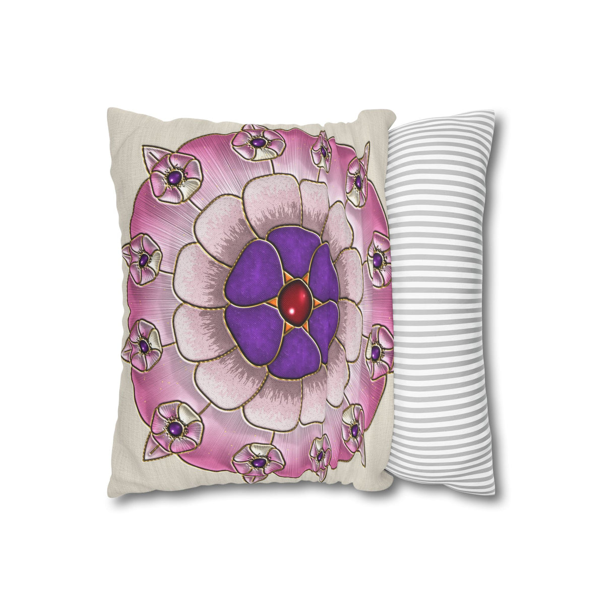 Federa quadrata con motivo a mandala floreale rosa e viola