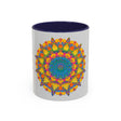 Colorful ceramic mug with a mandala art floral design, perfect for tea and coffee lovers