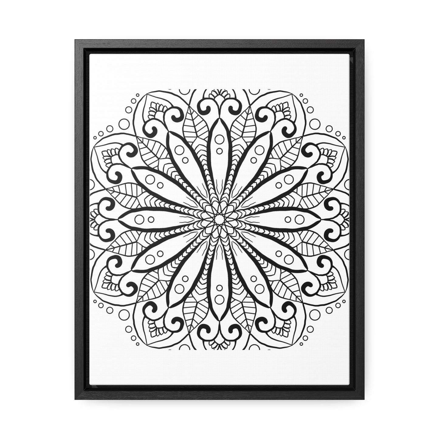 Beautiful mandala handmade art in black and white, showcased on gallery canvas wraps in a vertical frame for elegant wall decor