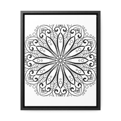 Beautiful mandala handmade art in black and white, showcased on gallery canvas wraps in a vertical frame for elegant wall decor