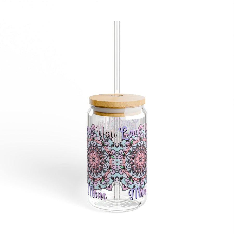 Mandala-inspiriertes Trinkglas für Mama mit elegantem Blumendesign