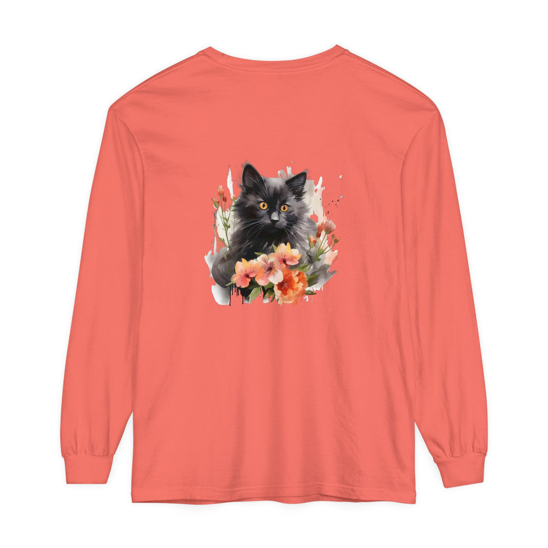 Beautifully hand-painted black cat surrounded by vibrant flowers on t-shirt