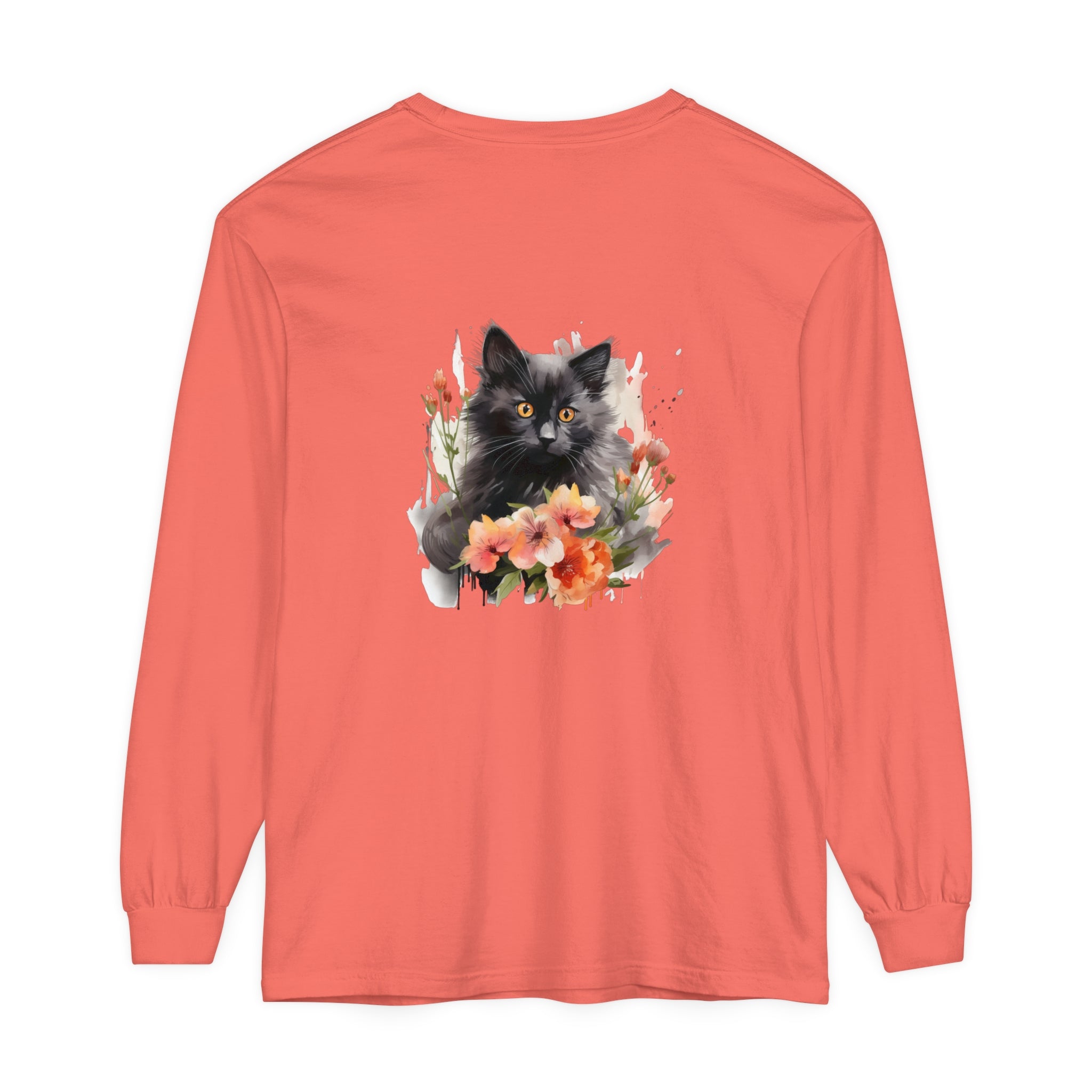 Beautifully hand-painted black cat surrounded by vibrant flowers on t-shirt