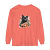 Beautifully hand-painted black cat surrounded by vibrant flowers on t-shirt