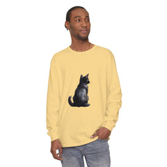 Black Cat Mystery unisex long sleeve tee in black with cat graphic design