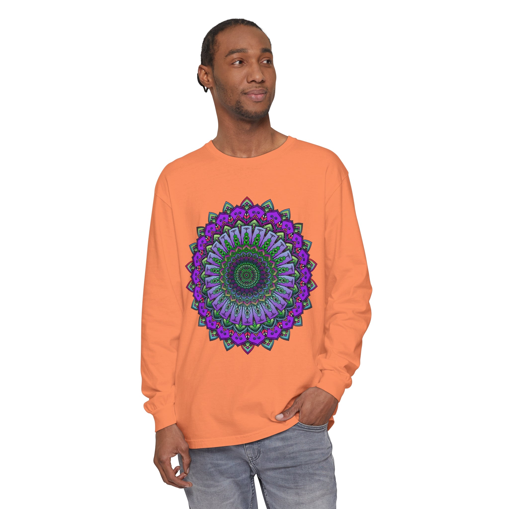 Beautiful and detailed mandala design on a unisex long sleeve t-shirt