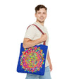 Fashionable dark blue tote bag with a stunning and vibrant mandala pattern