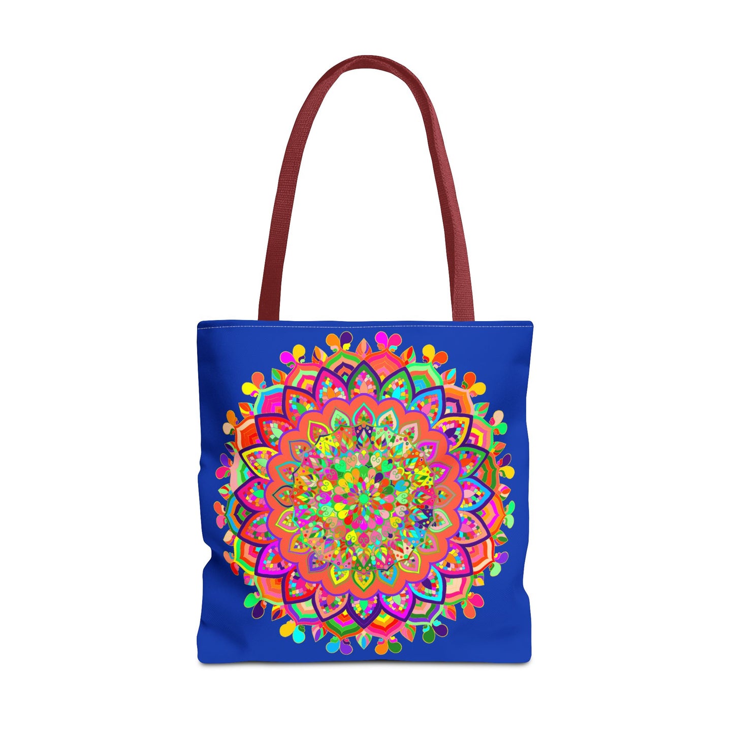 Colorful dark blue mandala art tote bag with intricate patterns