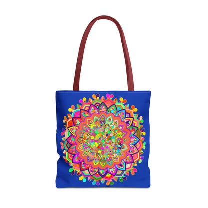 Colorful dark blue mandala art tote bag with intricate patterns