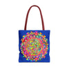 Colorful dark blue mandala art tote bag with intricate patterns