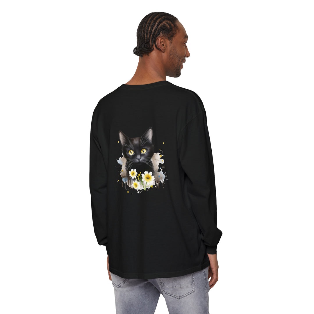 Black Cat Watercolor Floral Unisex T-Shirt with colorful flower and cat design