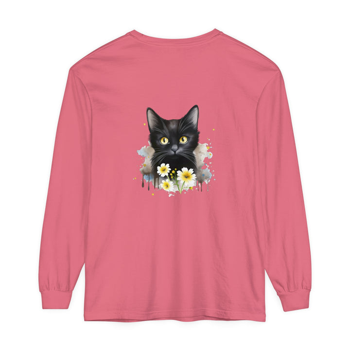 A vibrant watercolor floral design featuring a black cat on a unisex t-shirt