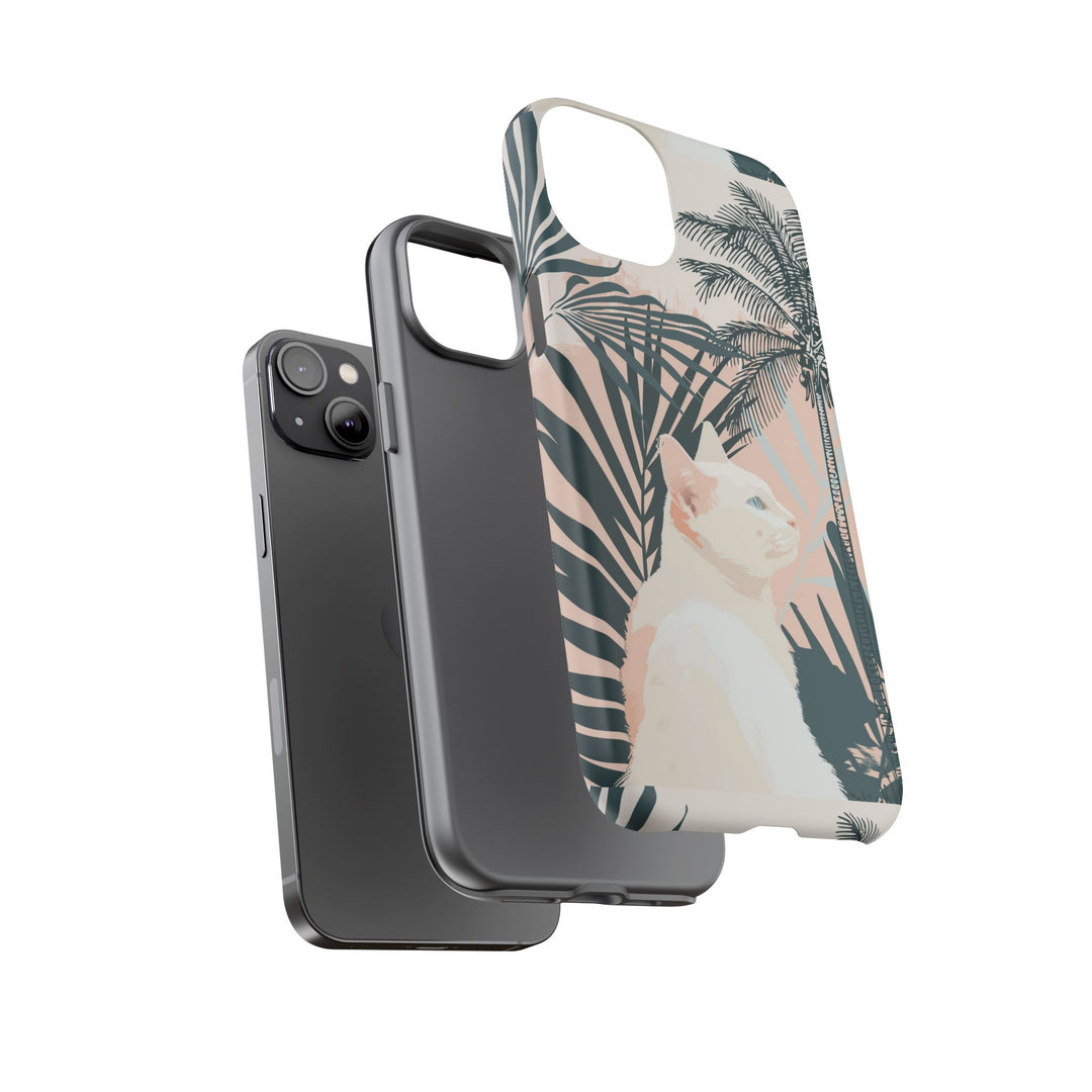 Tropische Katzen-Telefonhülle mit üppigen Palmenmotiven und sanften Pastelltönen