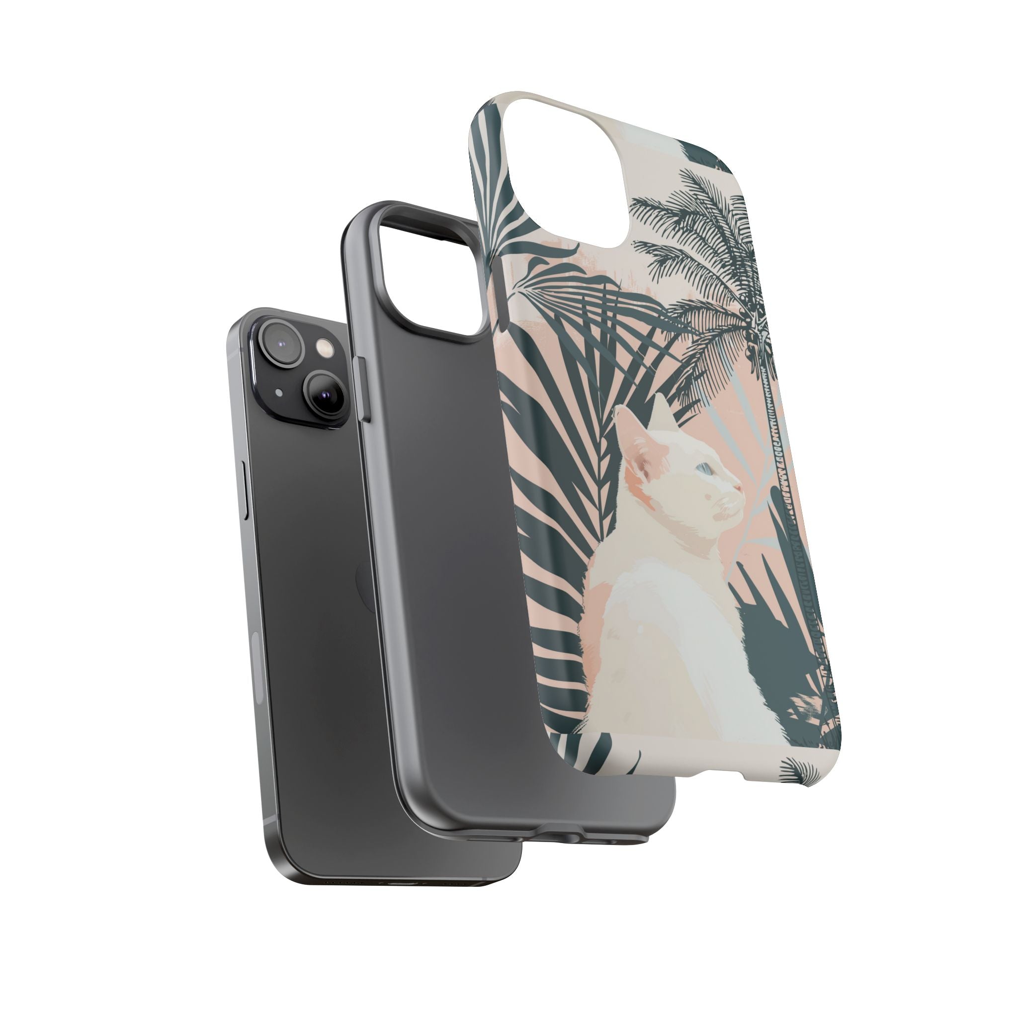 Tropische Katzen-Telefonhülle mit üppigen Palmenmotiven und sanften Pastelltönen