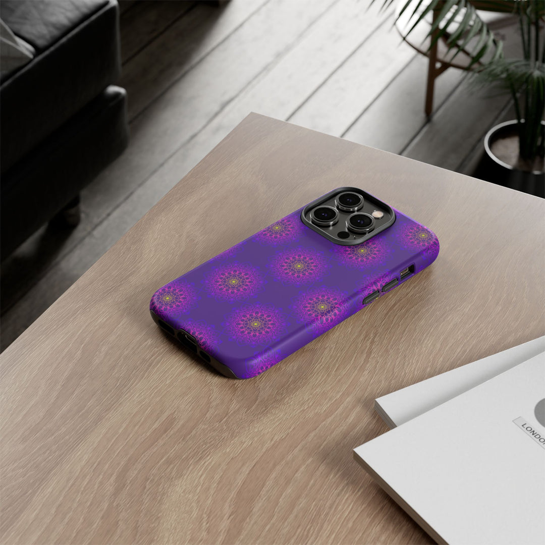 Intricate Purple Floral iPhone Case with Bold Mandala Design