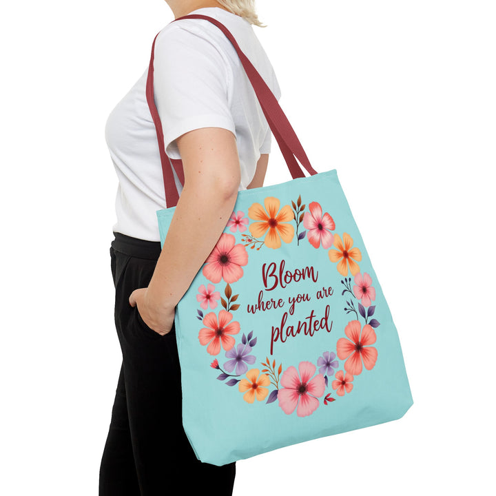 Beautiful floral tote bag with the inspiring quote 'Bloom Where You Are Planted' available in 3 different sizes