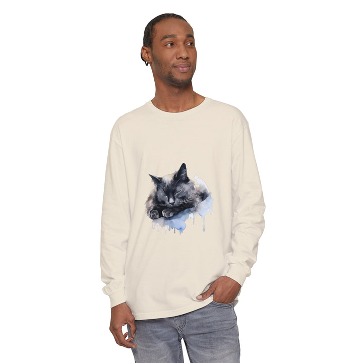 Beautiful watercolor illustration of a sleeping cat on a comfortable t-shirt