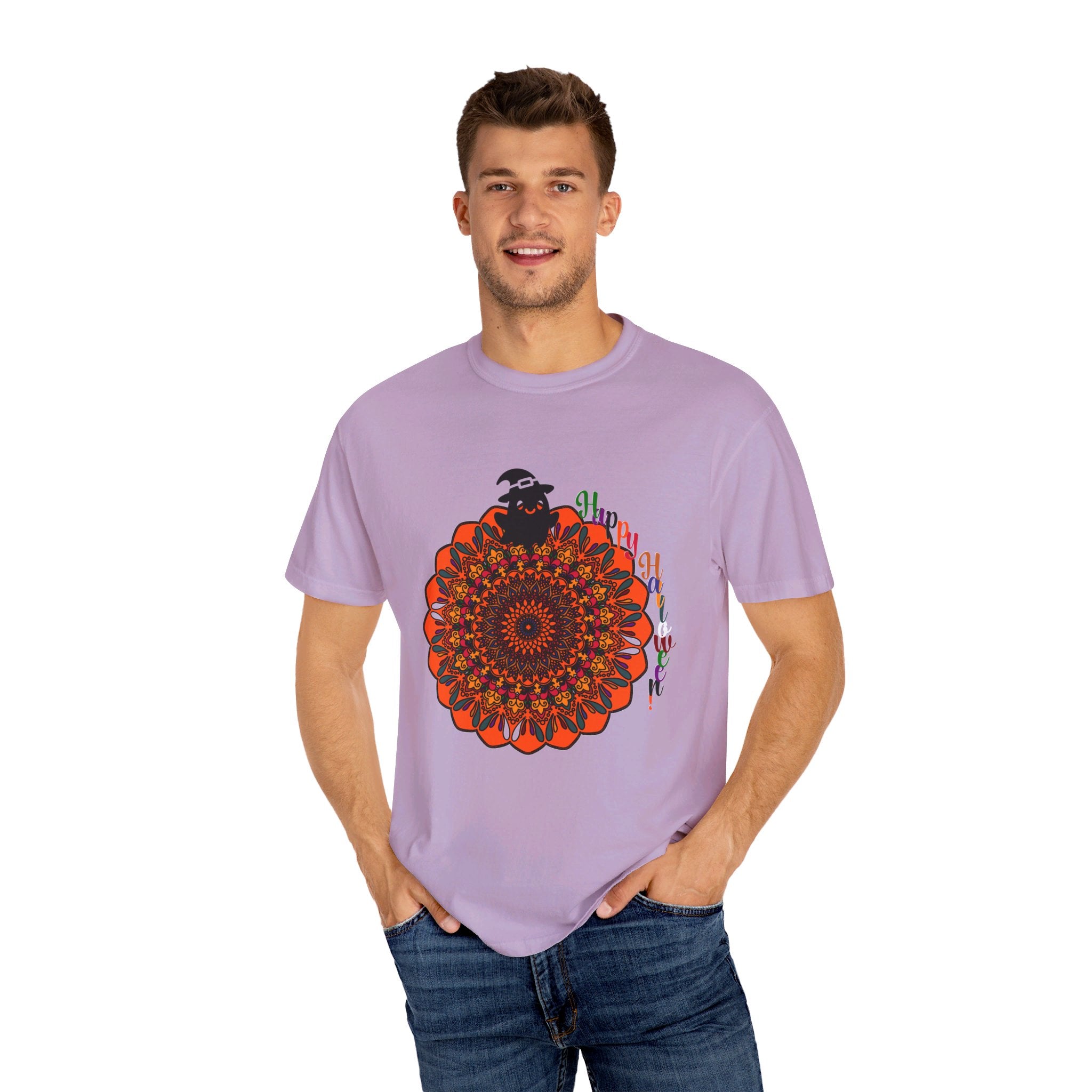 Handmade unisex Halloween mandala t-shirt featuring unique pumpkin mandala art on a garment-dyed tee