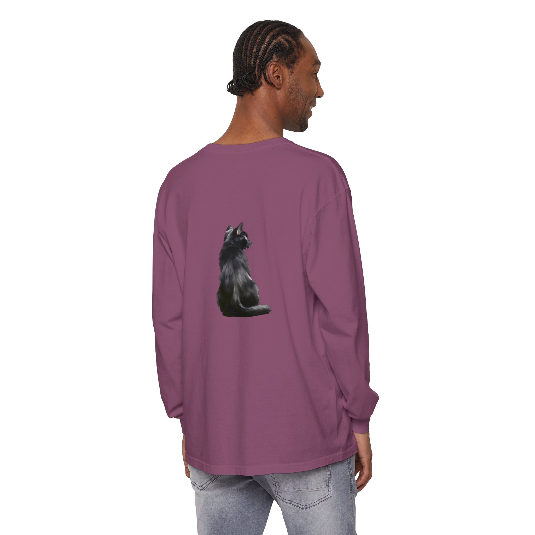 Black Cat Mystique Long Sleeve T-Shirt: a stylish, black long-sleeve tee featuring a mysterious and elegant black cat design