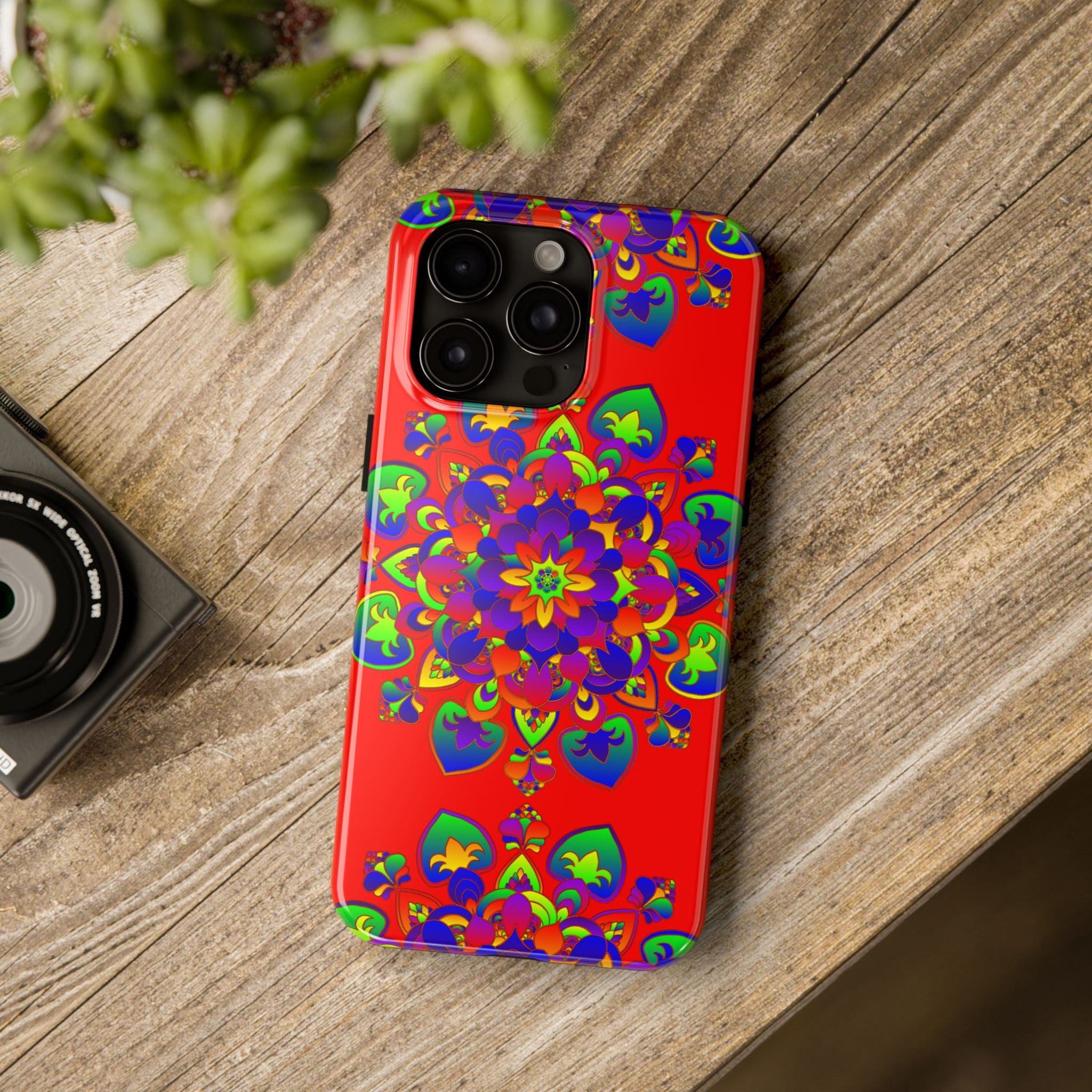 Hand Drawn Mandala Art Red Phone Case with intricate designs and vibrant colors