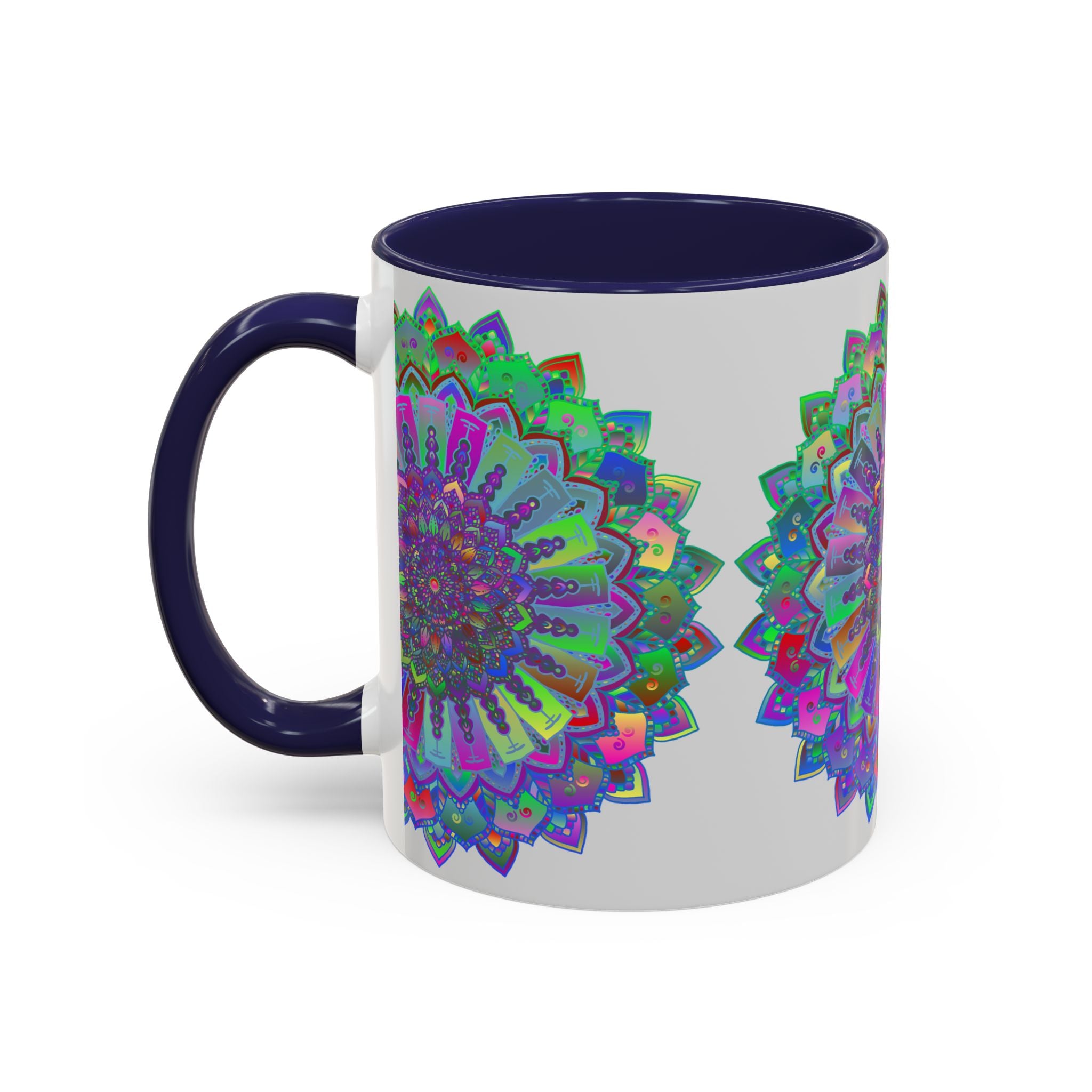 Beautiful mandala art mug with intricate and colorful patterns in shades of purple and red