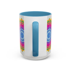 Colorful mandala art mug featuring a vibrant geometric design