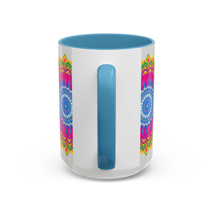 Colorful mandala art mug featuring a vibrant geometric design