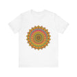 A detailed, vibrant mandala design tee featuring colorful, spiritual art