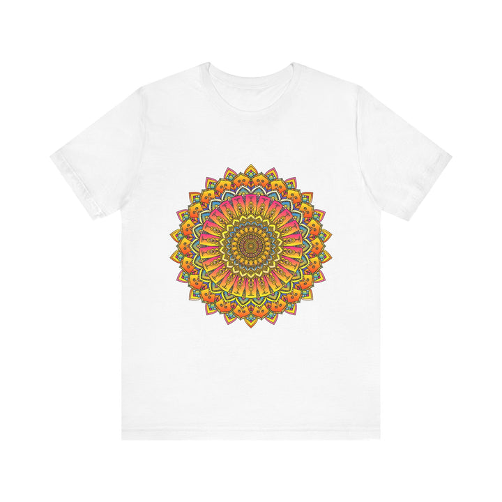 A detailed, vibrant mandala design tee featuring colorful, spiritual art