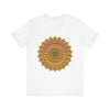 A detailed, vibrant mandala design tee featuring colorful, spiritual art