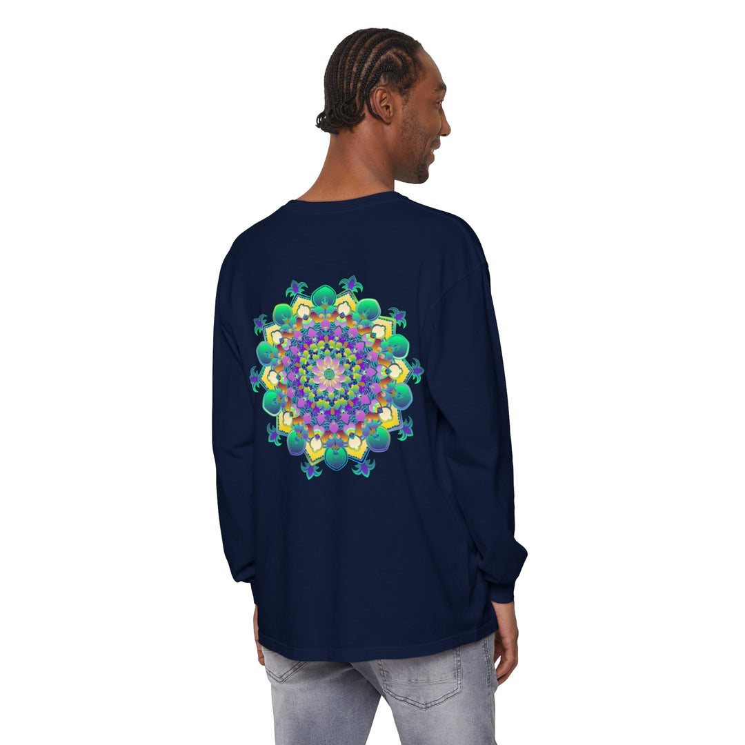 Close up image of a vibrant, intricate mandala design long sleeve t-shirt