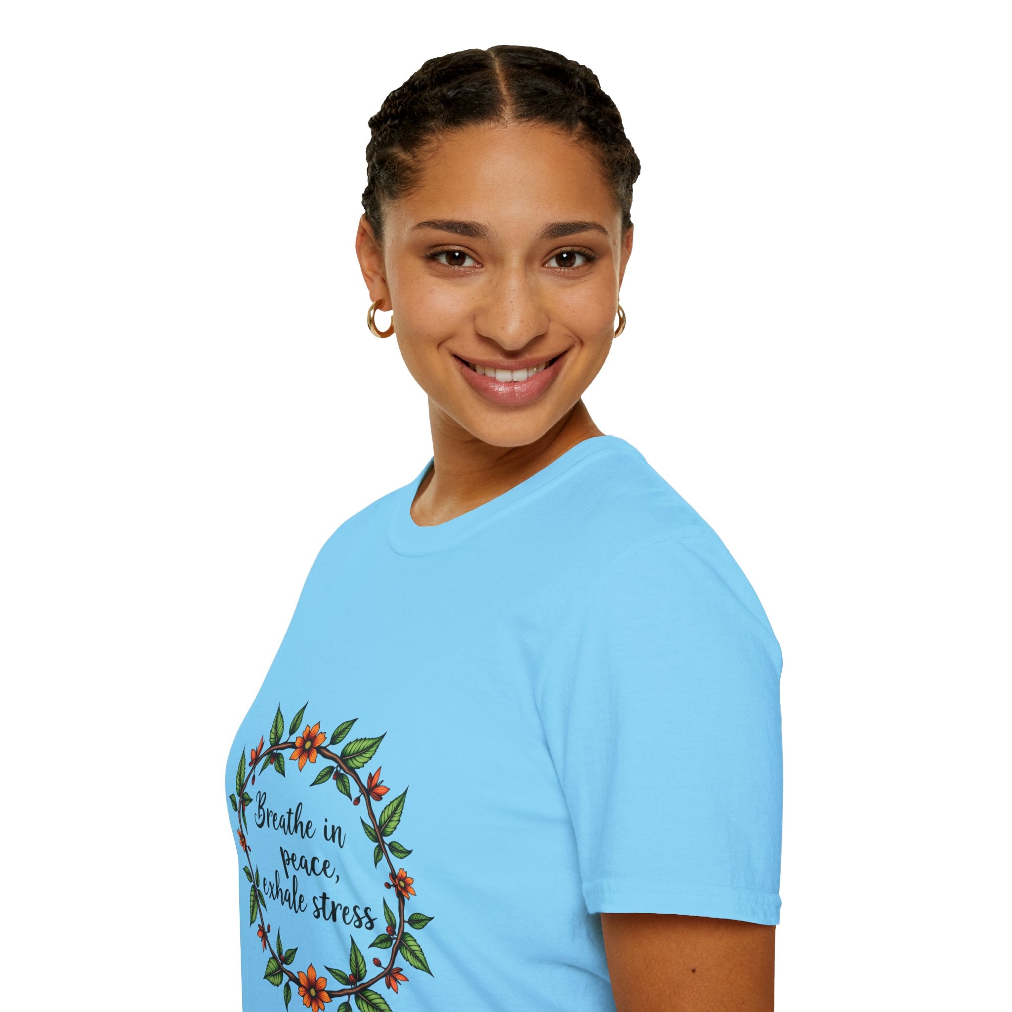 Beautiful and colorful floral garland t-shirt with the phrase 'Breathe in Peace Exhale Stress' printed on it, perfect for bringing a sense of tranquility and relaxation to your wardrobe