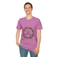 Women's white t-shirt with a floral garland design and the words 'Breathe in Peace Exhale Stress' in cursive font