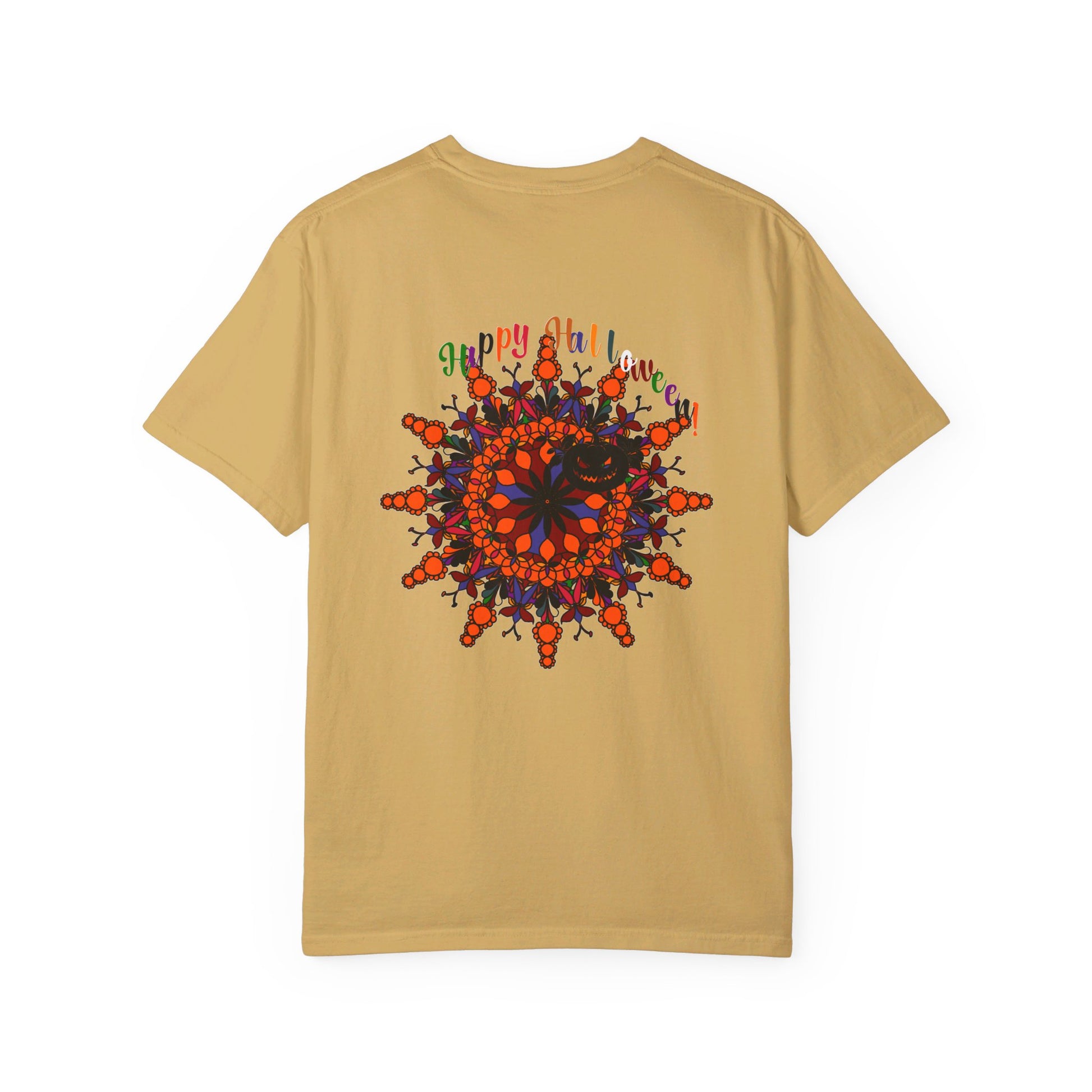 Handmade unisex Halloween Mandala T-shirt featuring pumpkin mandala art on a garment-dyed tee