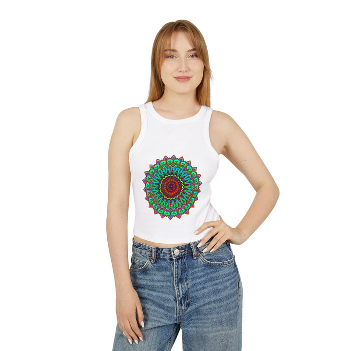 Woman Wearing Vibrant Mandala Racerback Tank Top Going for a Walk in Nature