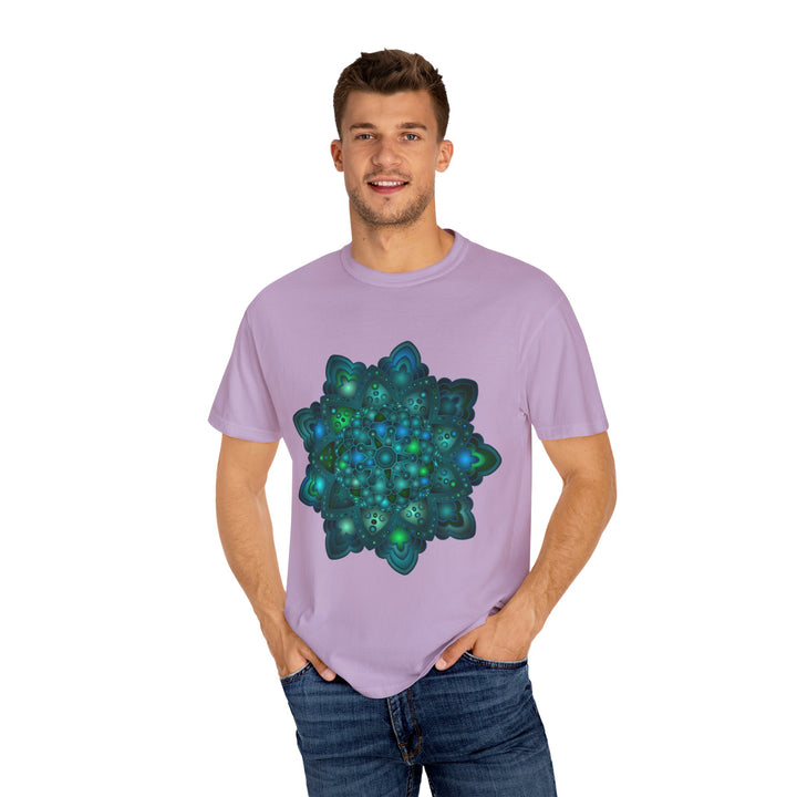 Unisex t-shirt featuring an intricate blue and green mandala design