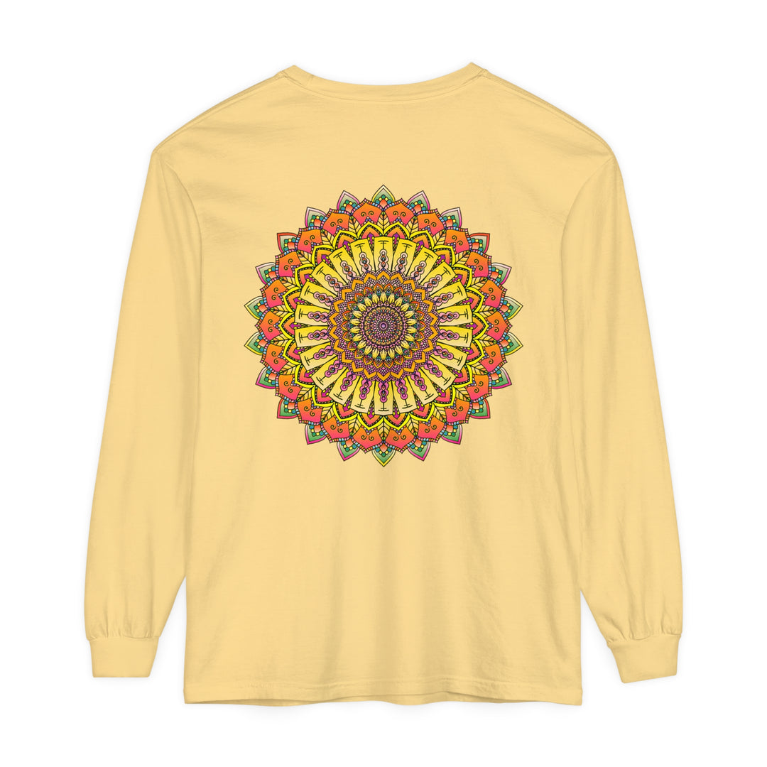 A detailed, intricate mandala design on a unisex long sleeve t-shirt