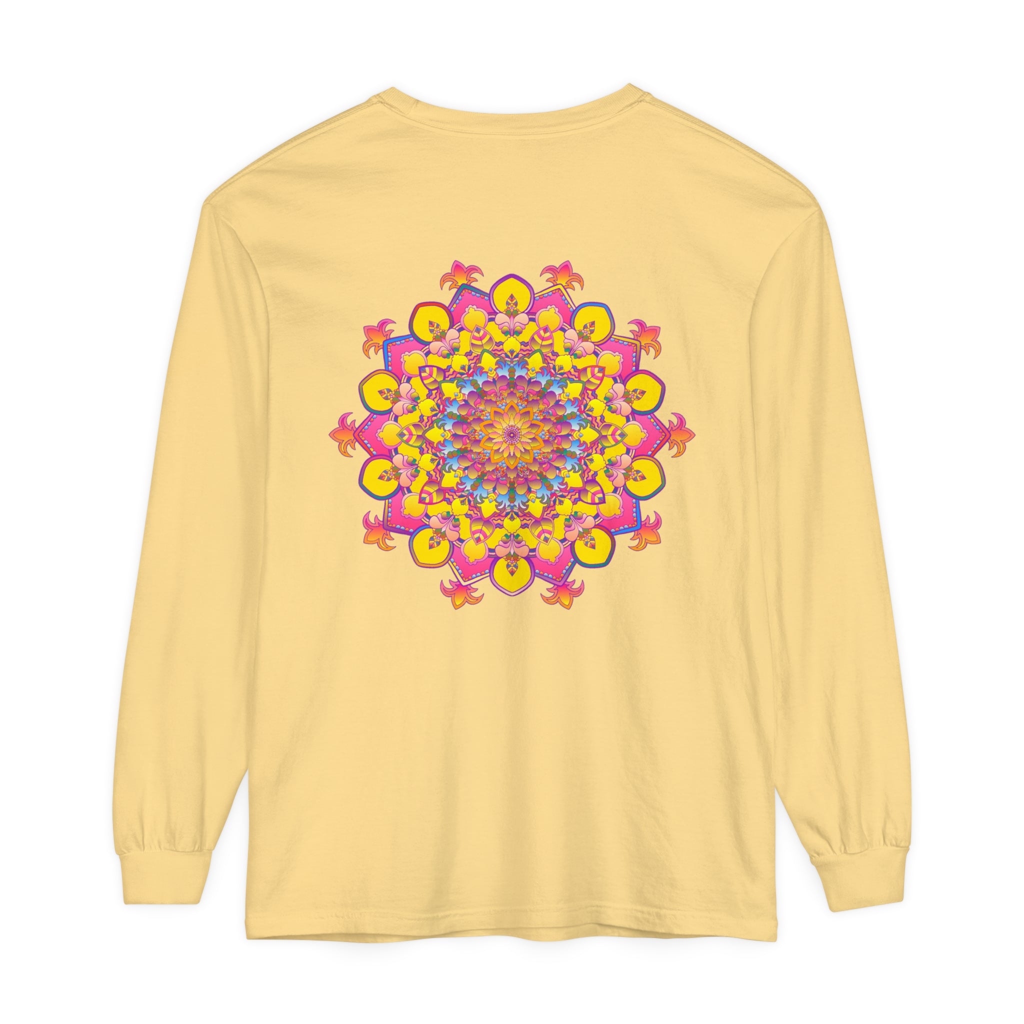 Colorful and intricate mandala design on a unisex long sleeve T-shirt