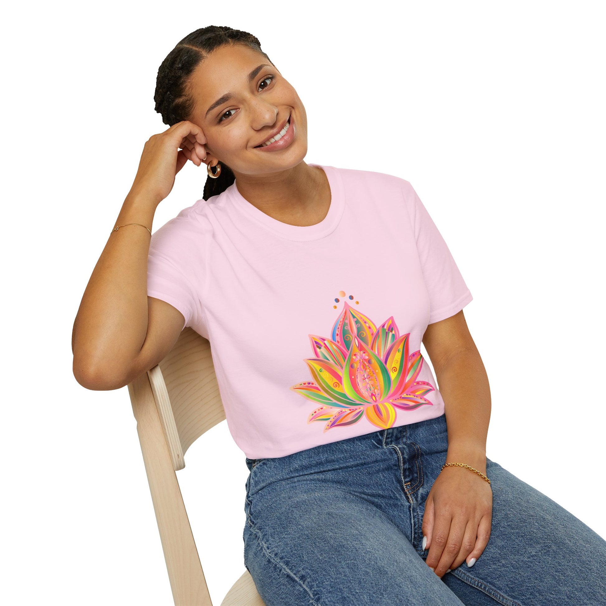 Lotus Mandala Unisex T-Shirt featuring a hand-drawn unique design by Blululi, perfect for both men and women with its intricate and beautiful lotus flower mandala pattern