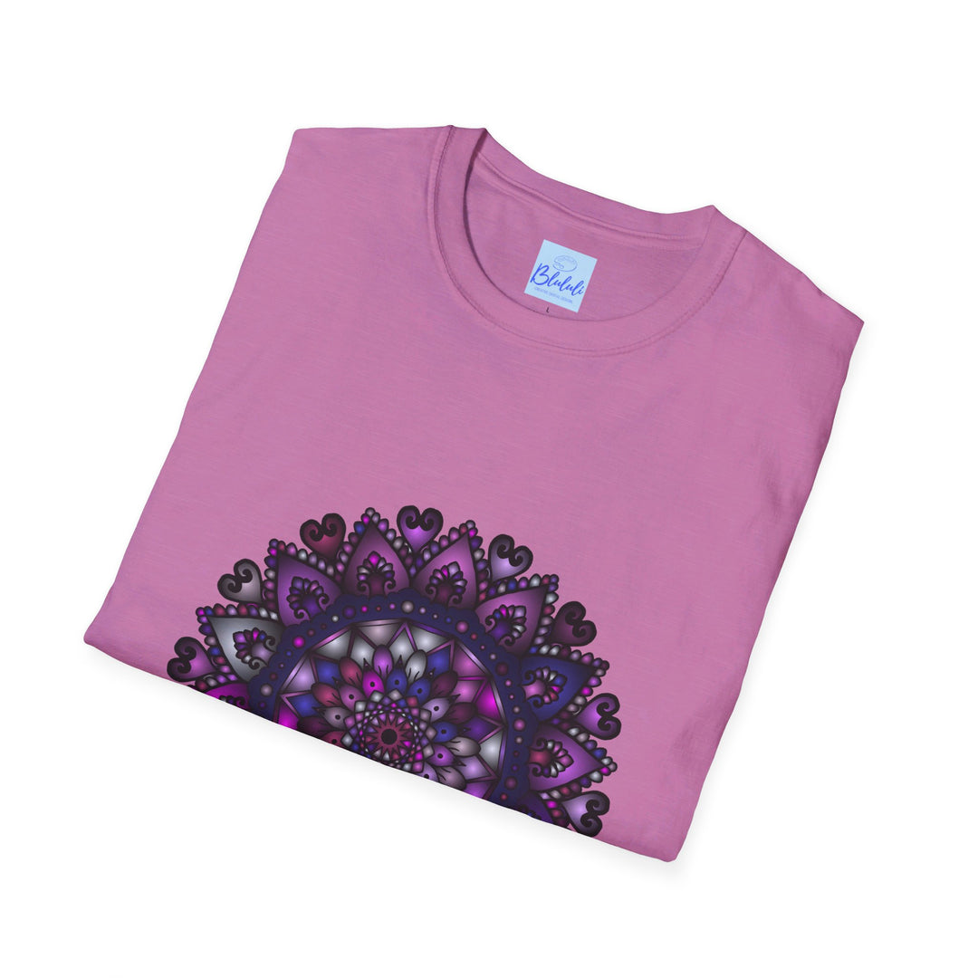 Soft and comfortable unisex purple mandala art t-shirt with hand-drawn design