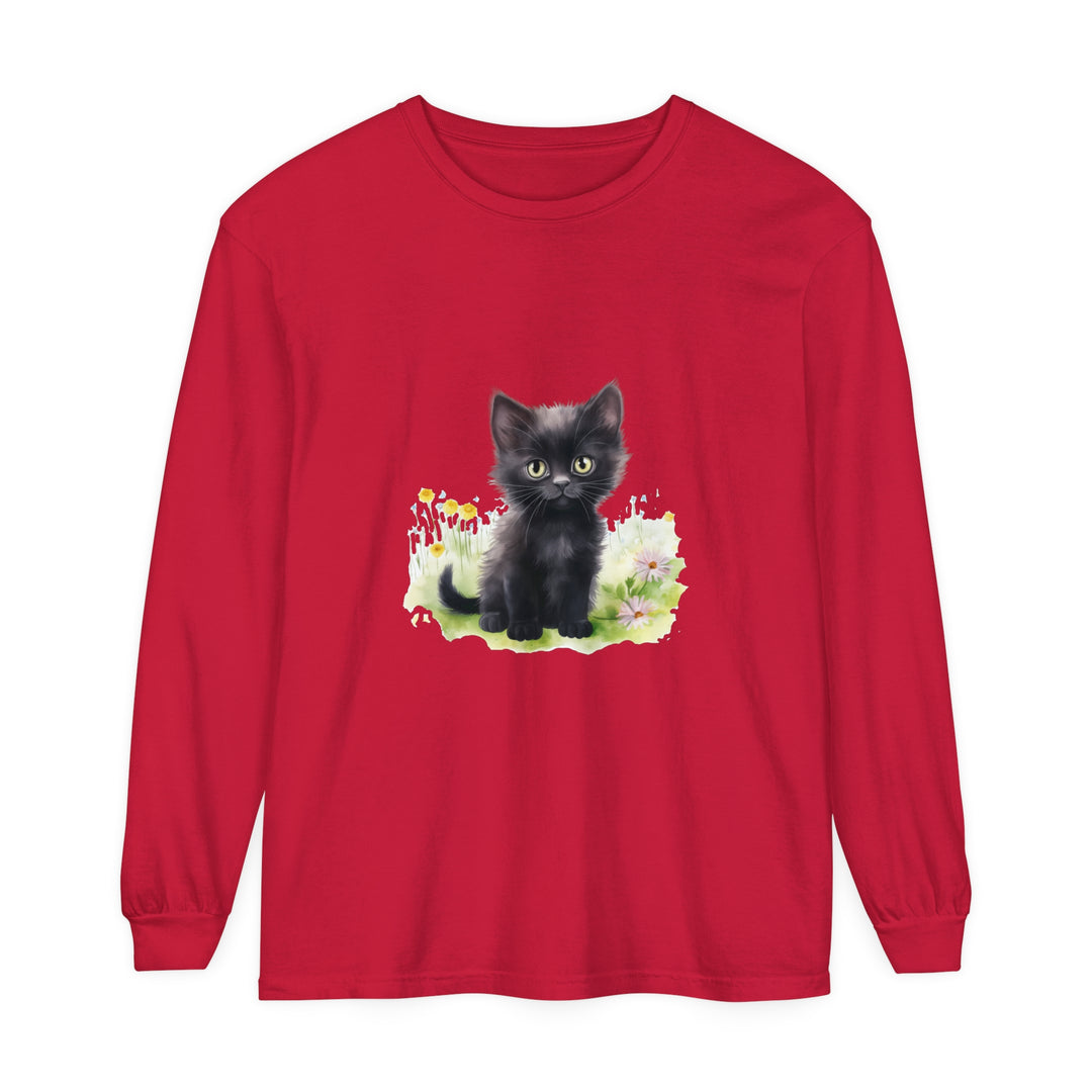 A cute black kitten playing in a colorful flower garden printed on a comfortable long sleeve t-shirt