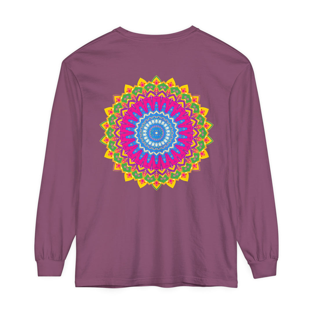 Colorful and intricate mandala design on a unisex long sleeve t-shirt