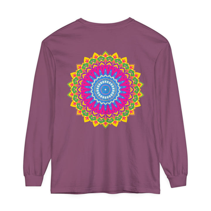 Colorful and intricate mandala design on a unisex long sleeve t-shirt