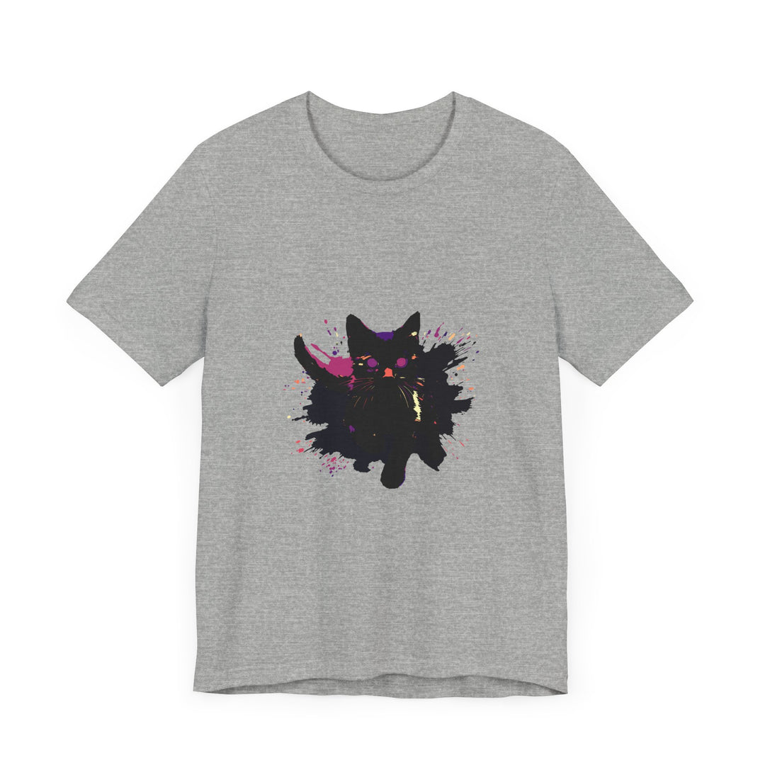 A bold and colorful Black Cat Mystery T-Shirt showcasing intricate designs