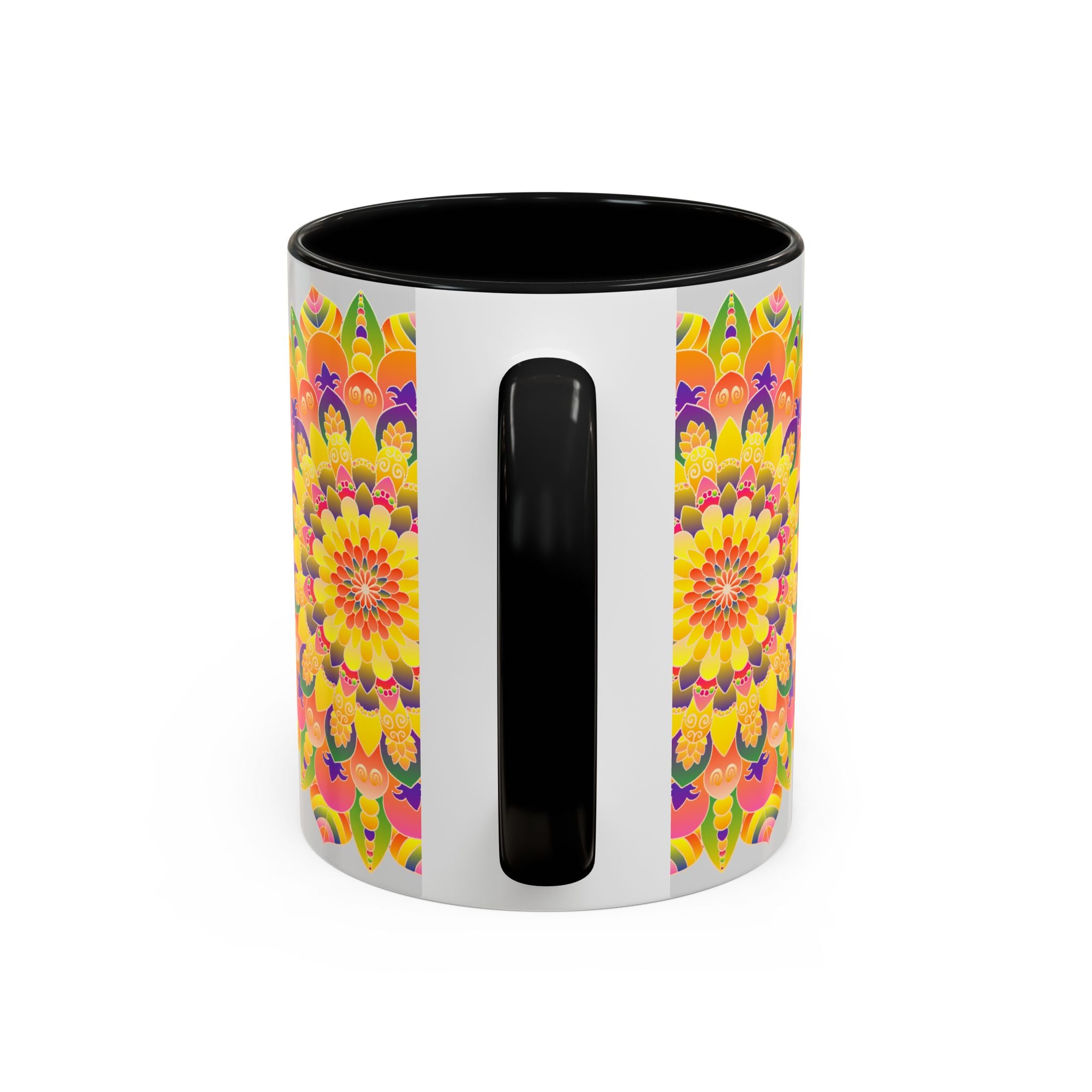 Colorful mandala mug featuring bohemian art pattern and vibrant colors on white background