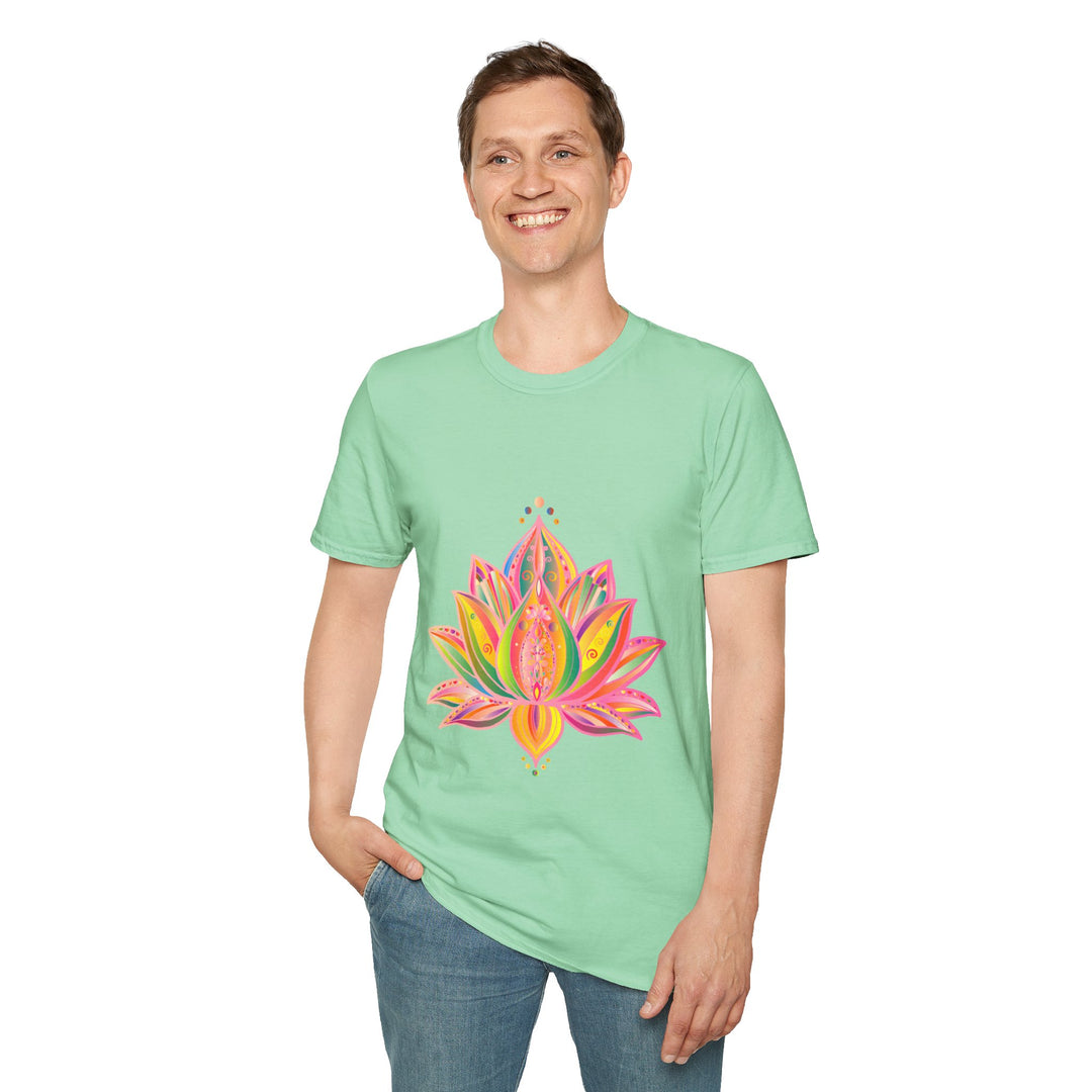 Stunning hand-drawn Lotus Mandala Unisex T-Shirt by Blululi - a unique and intricate design perfect for both men and women